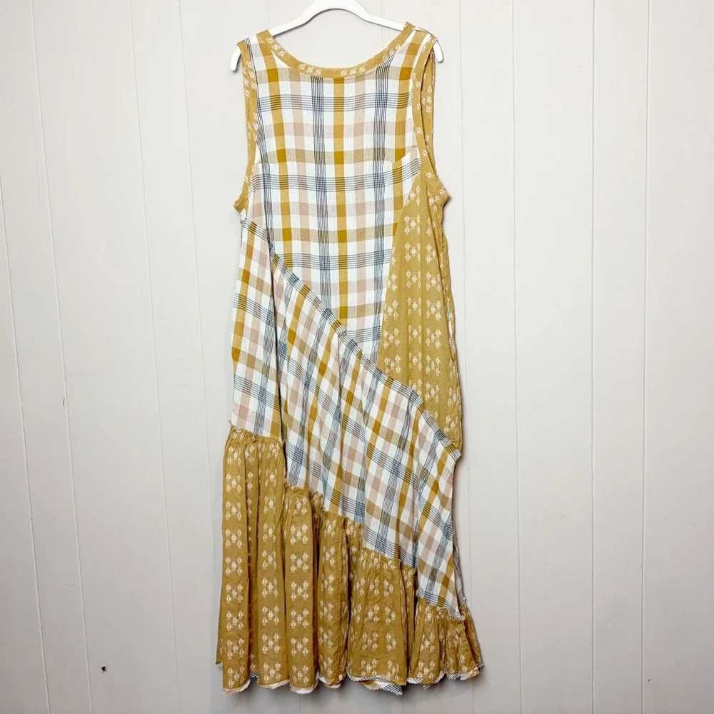 Free People No Stress Midi Dress Small Plaid  Mustard Yellow Boho Flowy Relaxed